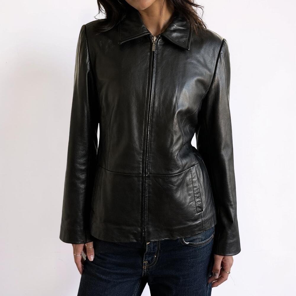 Apt 9 Black Lambskin Leather Zip Front Fitted Jacket Size Medium